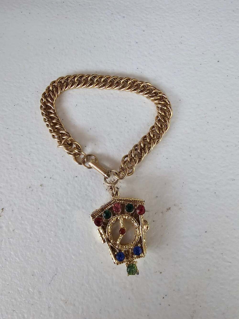 Vintage Cuckoo Clock Charm Bracelet Gold Tone Rhinestone
